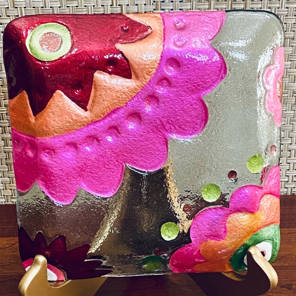 🌟HP🌟VTG 1990s Reverse Painted Fuchsia Floral Glass Dish - Picture 4 of 5